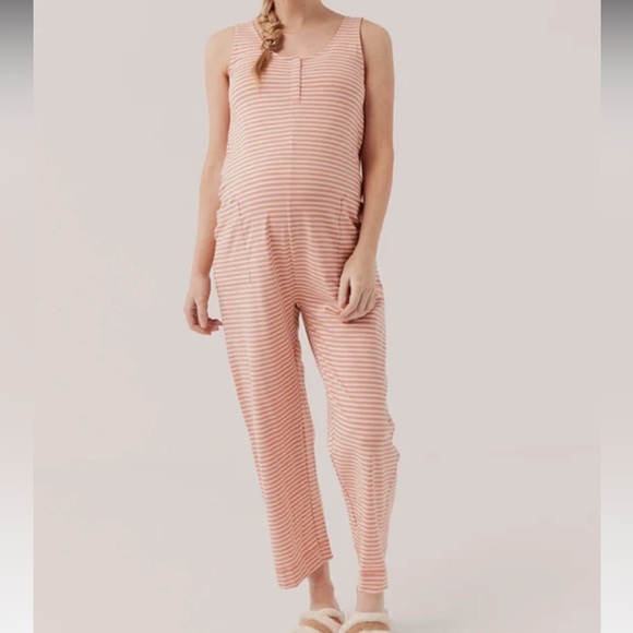 Pact Seersucker Stripe Maternity Nursing Jumpsuit SIZE MEDIUM - Picture 1 of 6